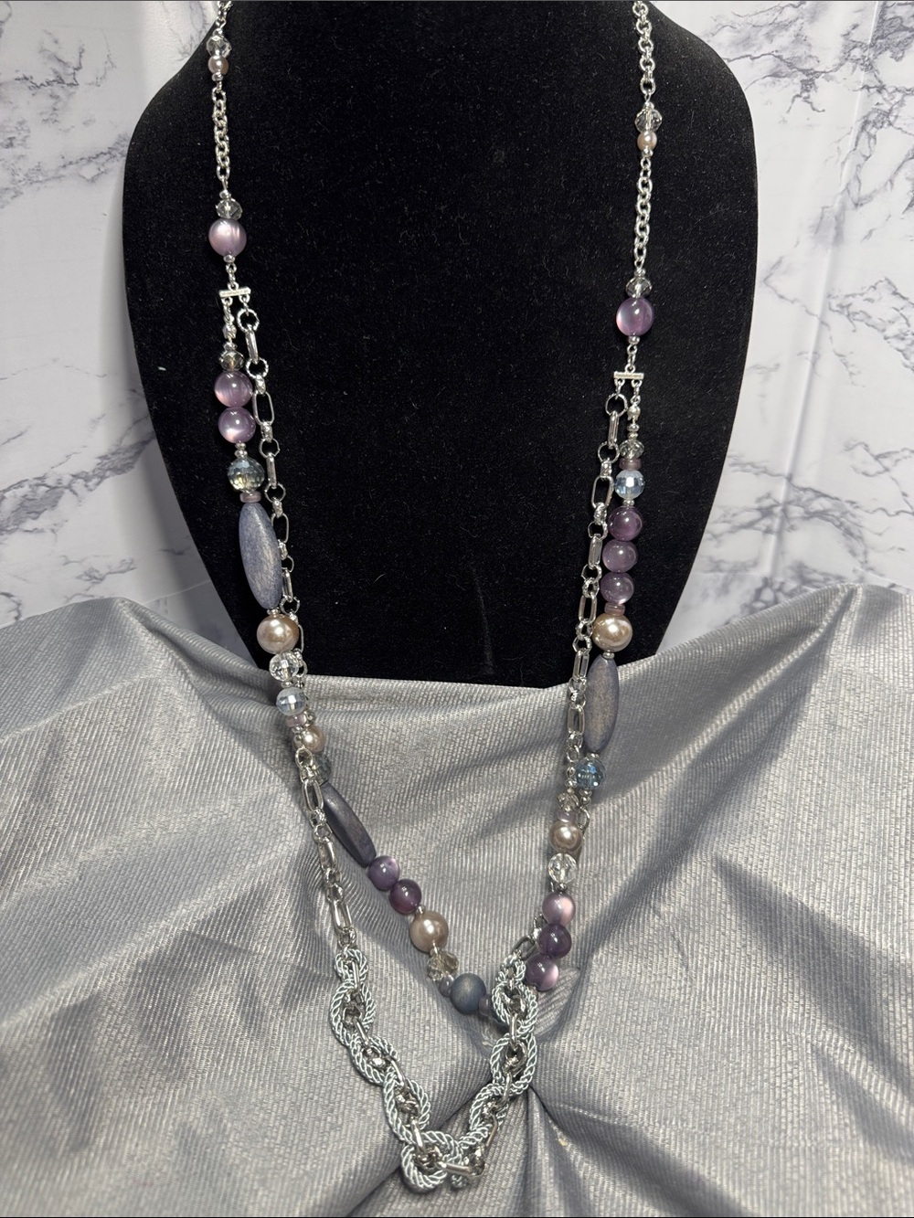 Chico's Lavender and Silver Multi-Strand Beaded Necklace Contemporary
